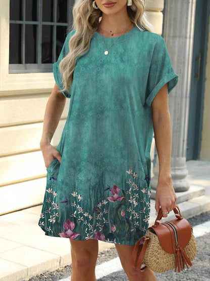 Printed Round Neck Short Sleeve Mini Dress - Purcell's Clothing Company