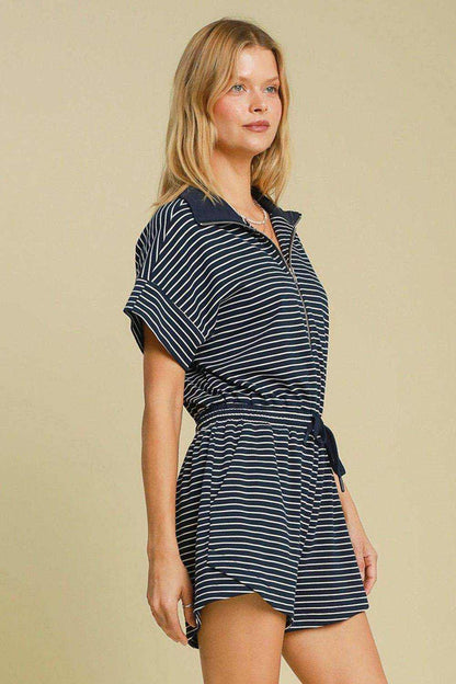 Umgee Full Size Half Zip Striped Romper Plus Size - Purcell's Clothing Company