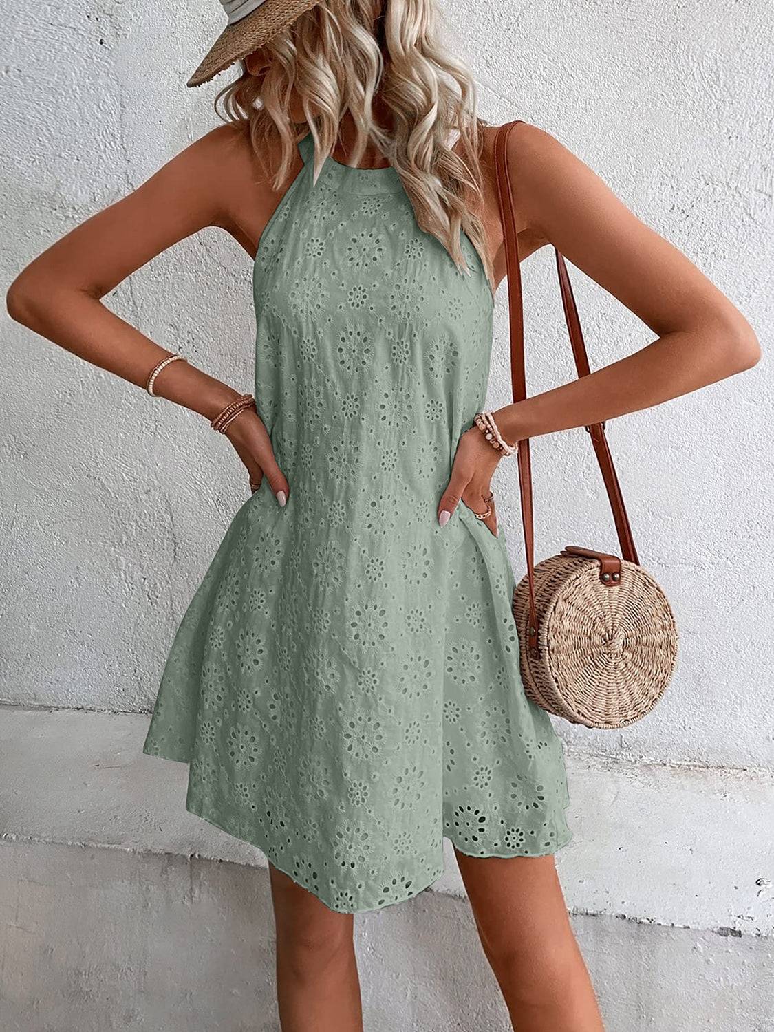 Eyelet Grecian Neck Mini Dress - Purcell's Clothing Company - 