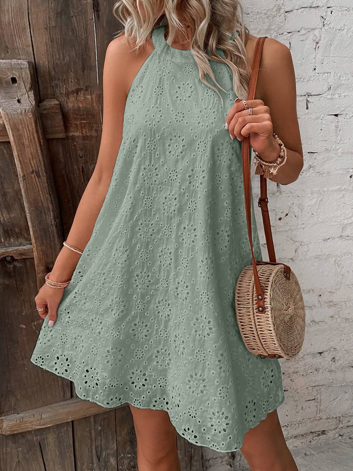 Eyelet Grecian Neck Mini Dress - Purcell's Clothing Company - 