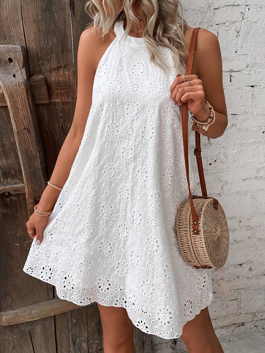 Eyelet Grecian Neck Mini Dress - Purcell's Clothing Company - 