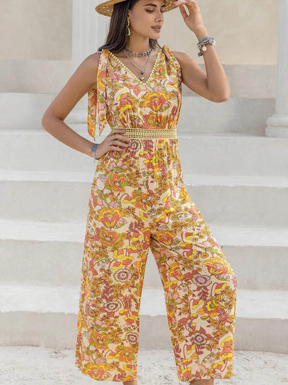 Printed V-Neck Tie Shoulder Jumpsuit - Purcell's Clothing Company