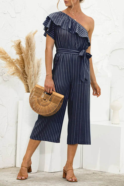 Ruffled Single Shoulder Tie Waist Jumpsuit - Purcell's Clothing Company