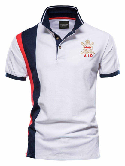 Embroidered Collared Neck Striped Contrast Polo - Purcell's Clothing Company