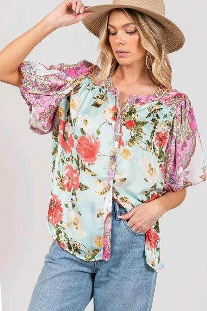 SAGE+FIG Plus Size Floral Mineral Wash French Terry Button Up Shirt - Purcell's Clothing Company