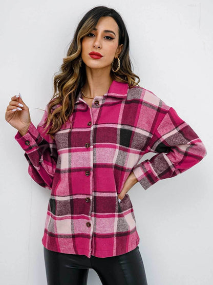 Shiny Plaid Button Up Collared Neck Jacket - Purcell's Clothing Company