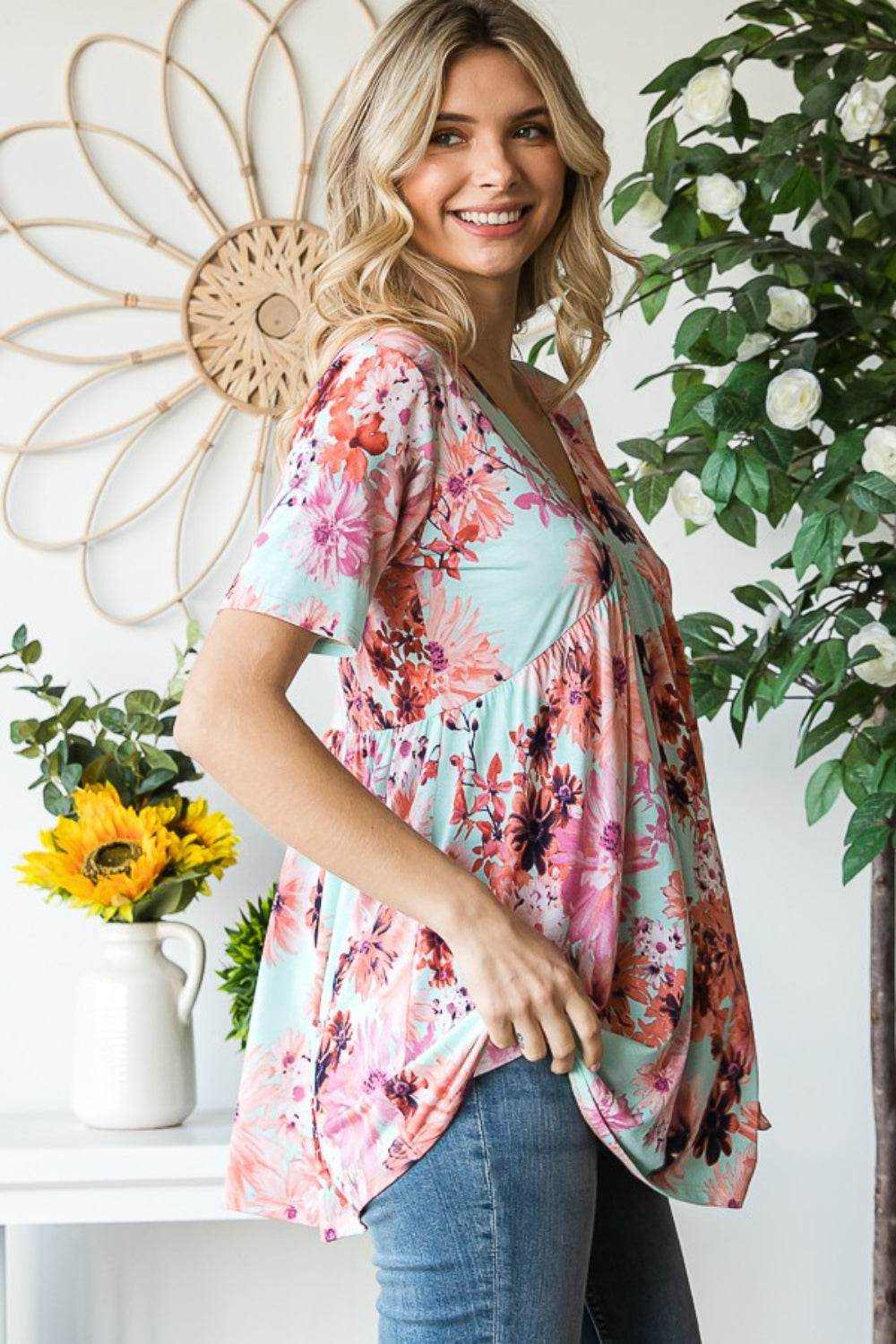 Heimish Full Size Floral V-Neck Short Sleeve Babydoll Blouse - Purcell's Clothing Company