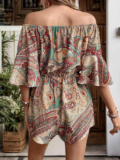 Perfee Printed Off Shoulder Half Sleeve Romper - Purcell's Clothing Company