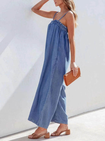 Spaghetti Strap Wide Leg Denim Jumpsuit - Purcell's Clothing Company