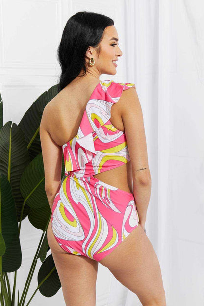 Marina West Swim Vitamin C Asymmetric Cutout Ruffle Swimsuit in Pink - Purcell's Clothing Company