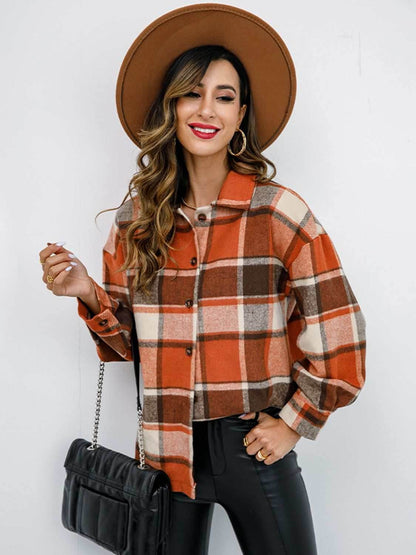 Shiny Plaid Button Up Collared Neck Jacket - Purcell's Clothing Company