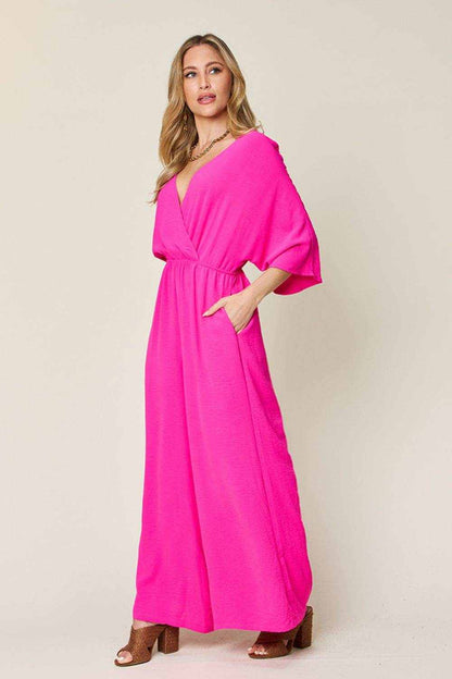 Double Take Full Size Surplice Wide Leg Jumpsuit with Pockets - Purcell's Clothing Company