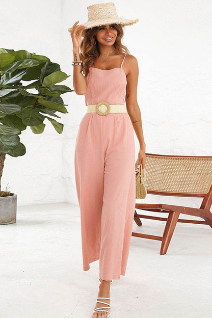 Shiny Cutout Spaghetti Strap Tie Back Wide Leg Jumpsuit - Purcell's Clothing Company