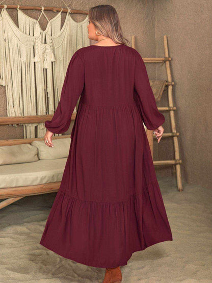 Plus Size Ruffled V-Neck Long Sleeve Dress - Purcell's Clothing Company