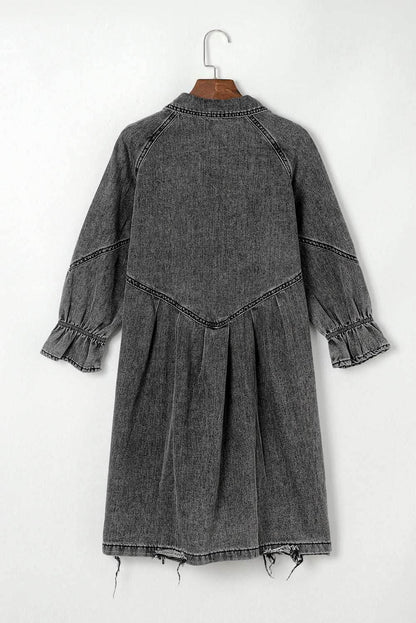 Distressed Collared Neck Flounce Sleeve Denim Dress - Purcell's Clothing Company