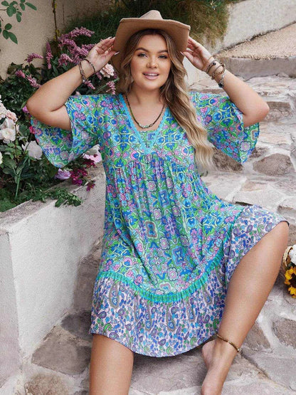 Plus Size Ruffled Hem Lace Detail Printed Half Sleeve Dress - Purcell's Clothing Company