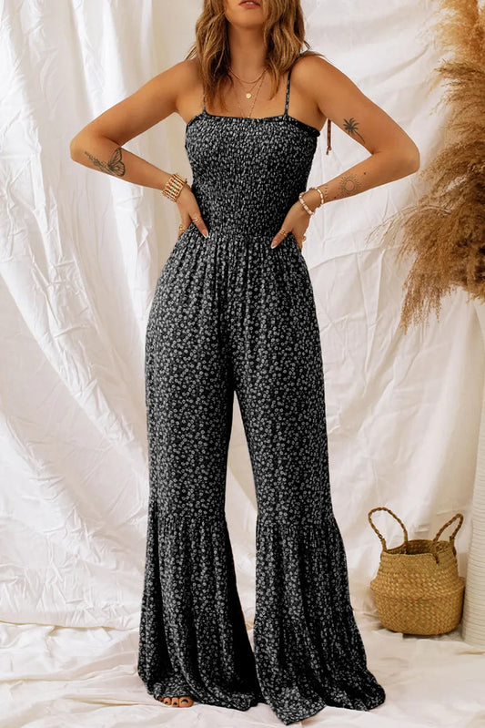 Floral spaghetti strap wide leg jumpsuit, basic style, 100% polyester.