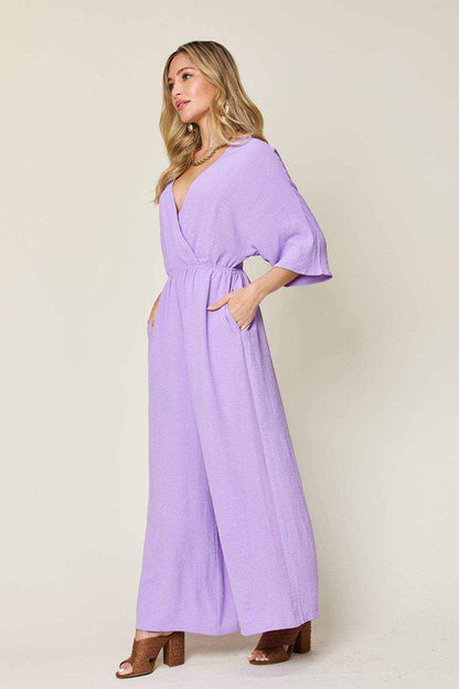 Double Take Full Size Surplice Wide Leg Jumpsuit with Pockets - Purcell's Clothing Company