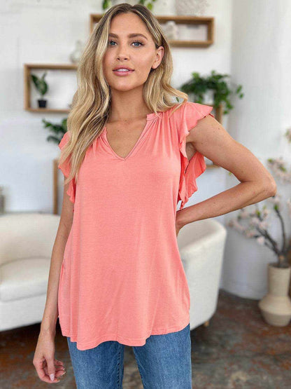 Basic Bae Full Size Bamboo Notched Ruffled Short Sleeve T-Shirt - Purcell's Clothing Company