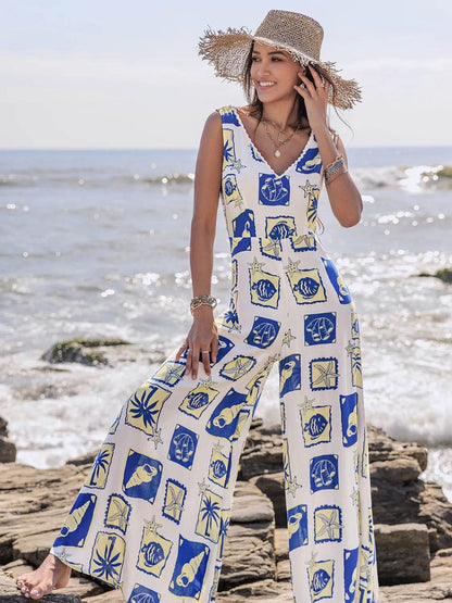 Printed V-Neck Wide Leg Jumpsuit - Purcell's Clothing Company