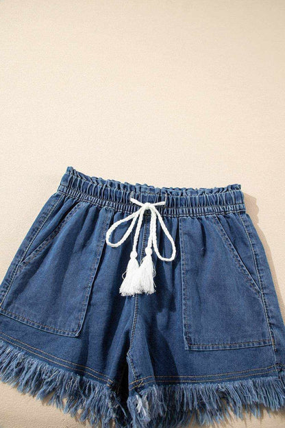 Raw Hem Drawstring High Waist Denim Shorts with Pockets - Purcell's Clothing Company