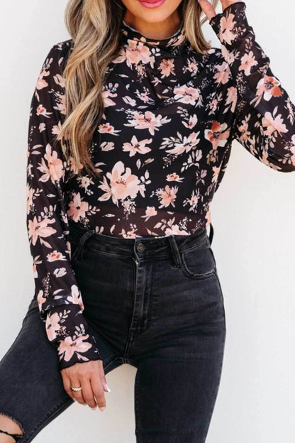 Floral Mock Neck Long Sleeve Blouse - Purcell's Clothing Company