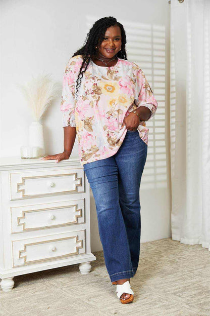 Double Take Floral Round Neck Three-Quarter Sleeve Top - Purcell's Clothing Company