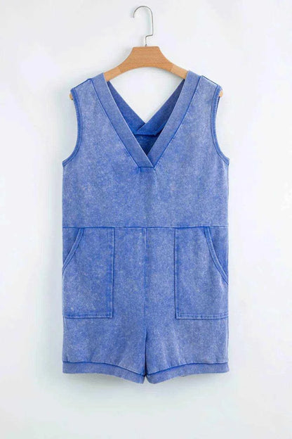 Mineral Wash Pocketed Sleeveless V Neck Loose Romper - Purcell's Clothing Company