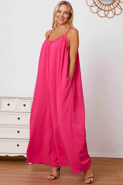 Double Take Full Size Ruffle Trim Tie Back Cami Jumpsuit with Pockets - Purcell's Clothing Company