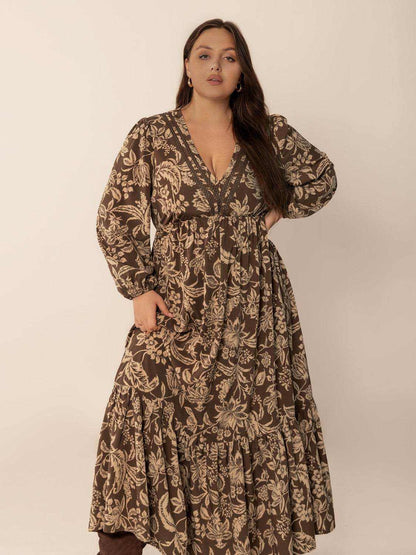 Plus Size Printed V-Neck Balloon Sleeve Maxi Dress - Purcell's Clothing Company