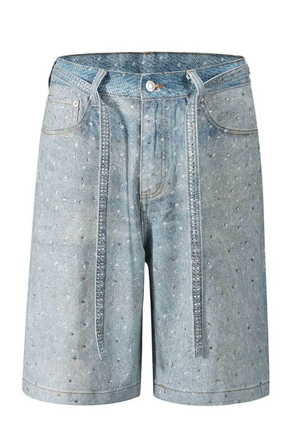 Men's washed rhinestone denim Bermuda shorts with slight stretch and basic style in light blue cotton blend