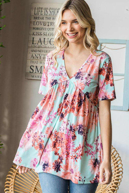 Heimish Full Size Floral V-Neck Short Sleeve Babydoll Blouse - Purcell's Clothing Company