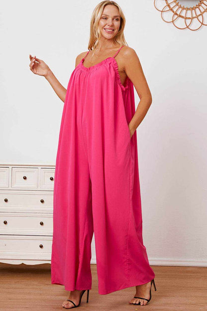 Double Take Full Size Ruffle Trim Tie Back Cami Jumpsuit with Pockets - Purcell's Clothing Company