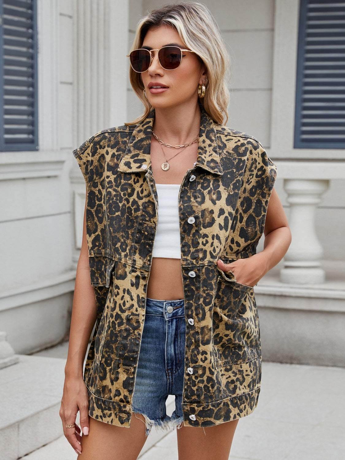 Leopard Buttton Up Denim Vest - Purcell's Clothing Company