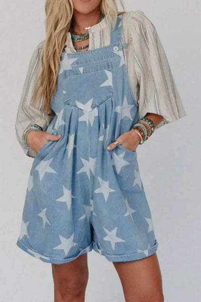 Star Print Square Neck Denim Overalls - Purcell's Clothing Company