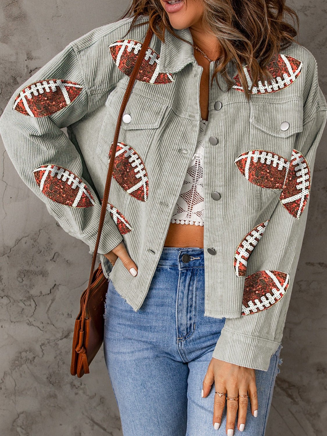 Football Sequin Button Up Dropped Shoulder Jacket - Purcell's Clothing Company - 