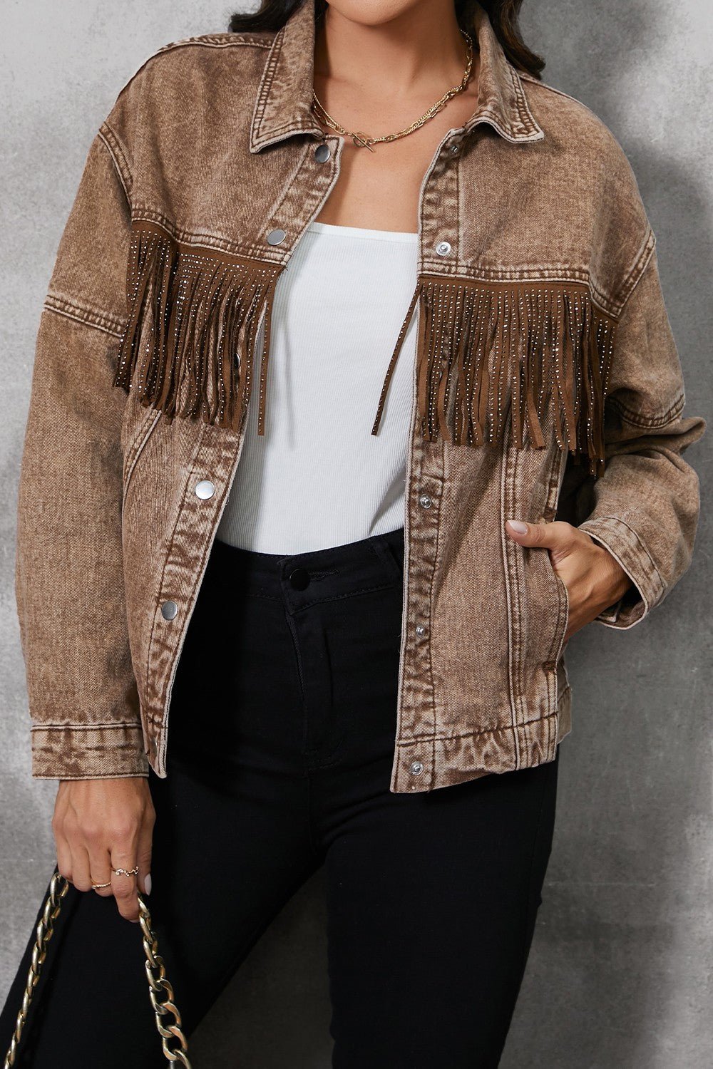 Fringe Trim Snap Down Denim Jacket - Purcell's Clothing Company - 