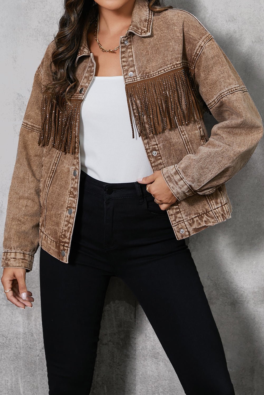 Fringe Trim Snap Down Denim Jacket - Purcell's Clothing Company - 