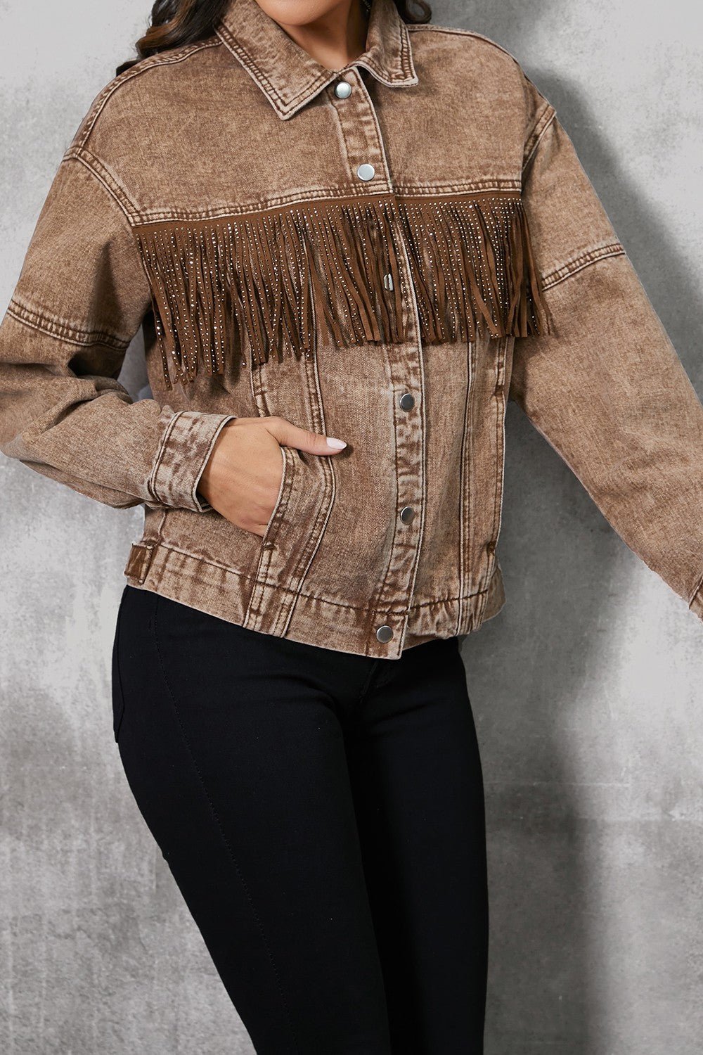 Fringe Trim Snap Down Denim Jacket - Purcell's Clothing Company - 