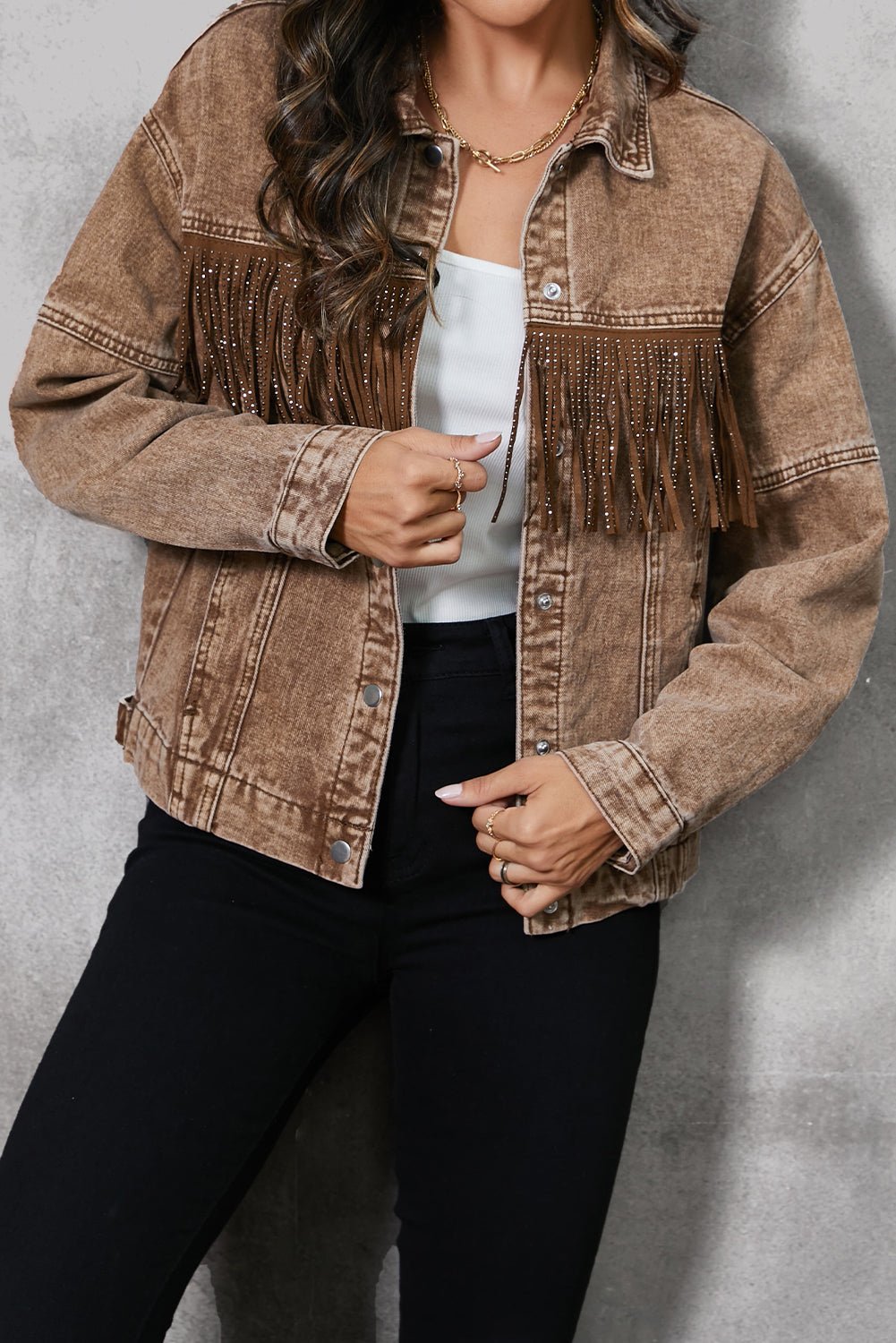 Fringe Trim Snap Down Denim Jacket - Purcell's Clothing Company - 