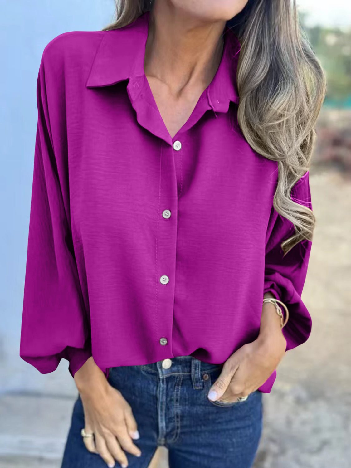 Full Size Collared Neck Long Sleeve Shirt - Purcell's Clothing Company - 