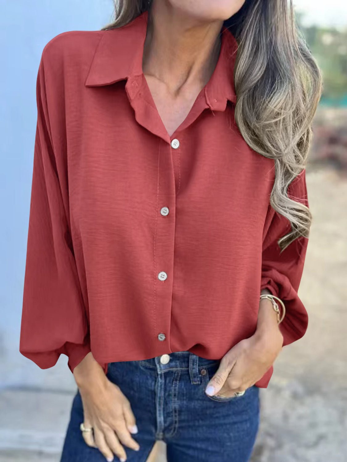 Full Size Collared Neck Long Sleeve Shirt - Purcell's Clothing Company - 