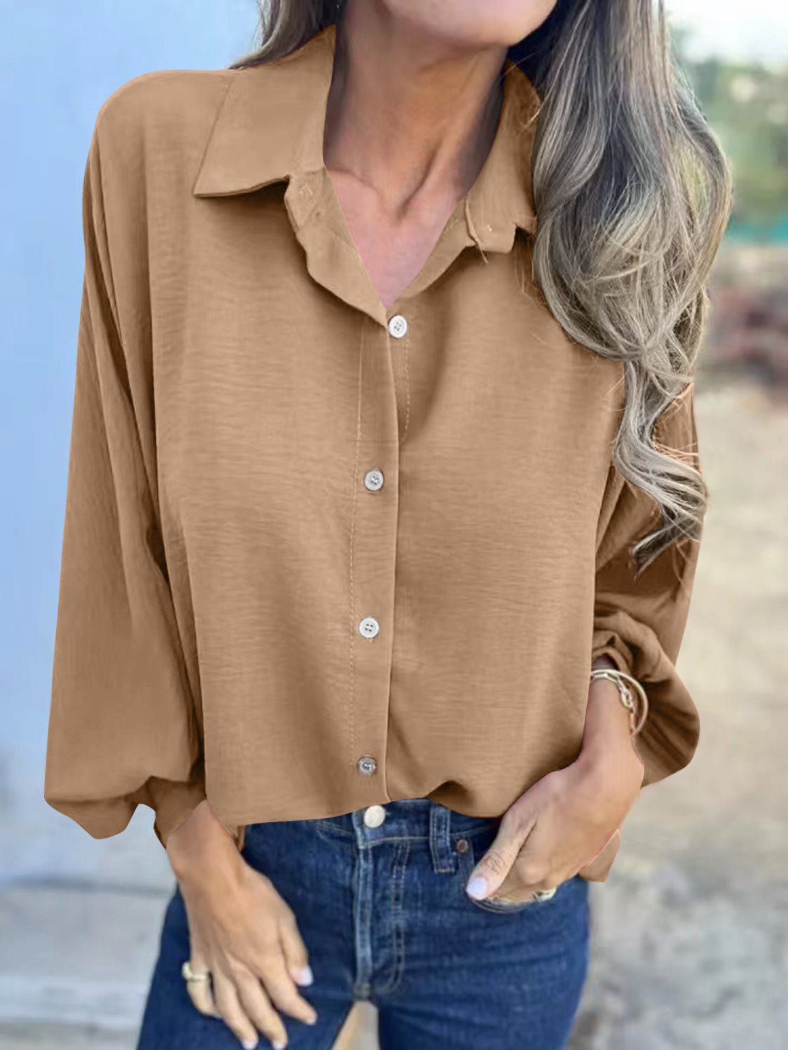 Full Size Collared Neck Long Sleeve Shirt - Purcell's Clothing Company - 