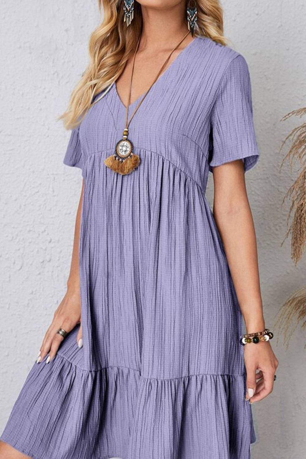 Full Size Ruched V - Neck Short Sleeve Dress - Purcell's Clothing Company - 