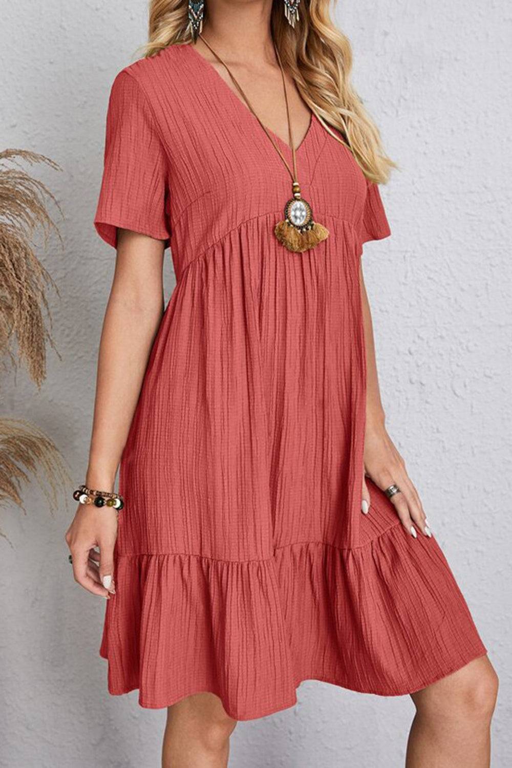 Full Size Ruched V - Neck Short Sleeve Dress - Purcell's Clothing Company - 