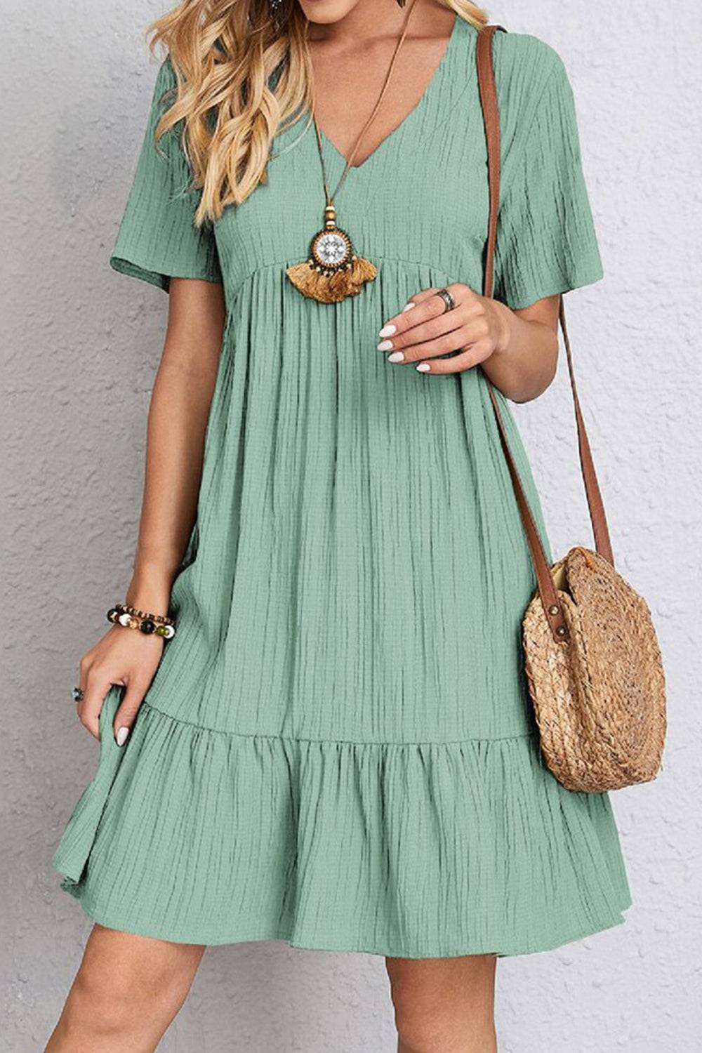 Full Size Ruched V - Neck Short Sleeve Dress - Purcell's Clothing Company - 