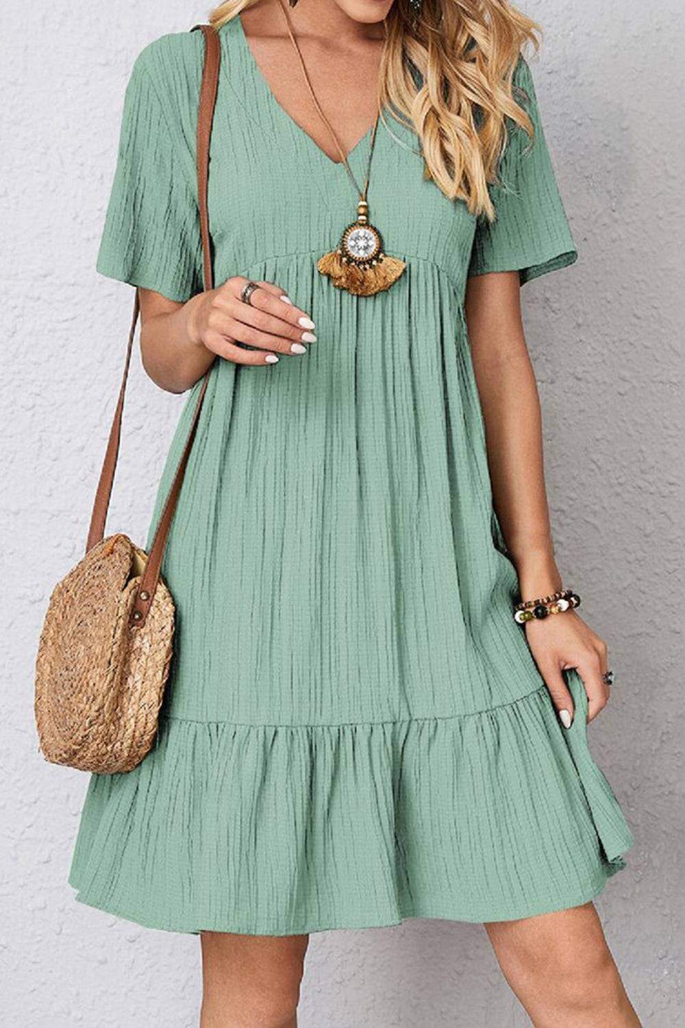 Full Size Ruched V - Neck Short Sleeve Dress - Purcell's Clothing Company - 