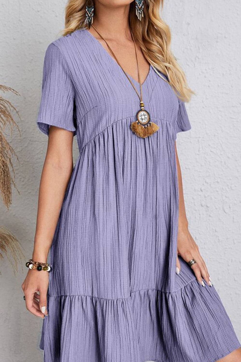 Full Size Ruched V - Neck Short Sleeve Dress - Purcell's Clothing Company - 