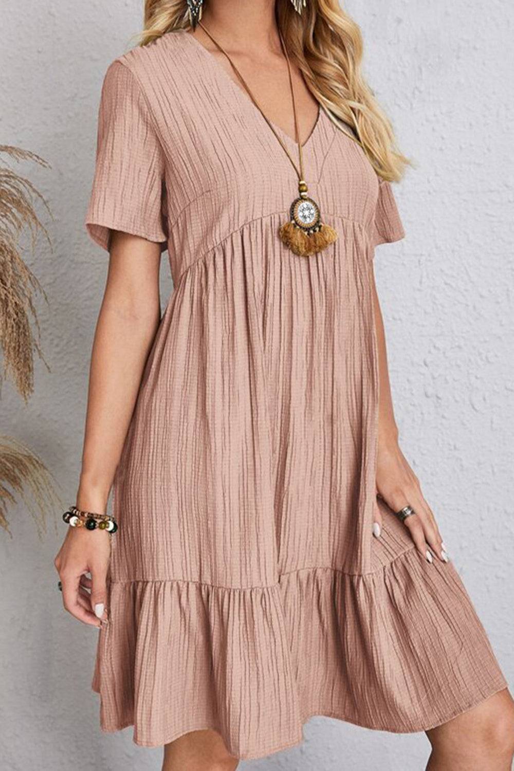 Full Size Ruched V - Neck Short Sleeve Dress - Purcell's Clothing Company - 