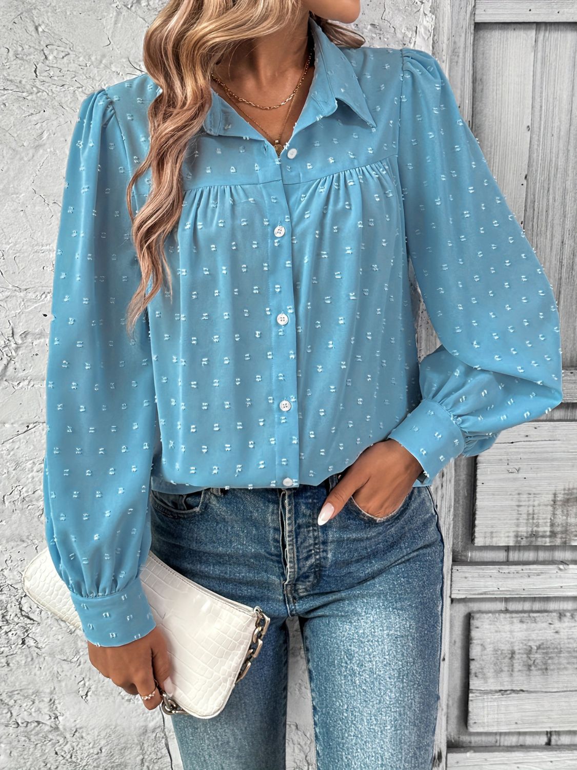 Full Size Swiss Dot Collared Neck Long Sleeve Shirt - Purcell's Clothing Company - 